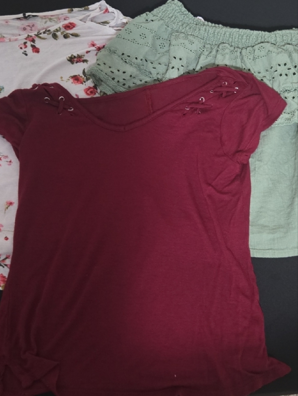 Women’s Burgundy Lace-Up Short Sleeve Top - Unbranded